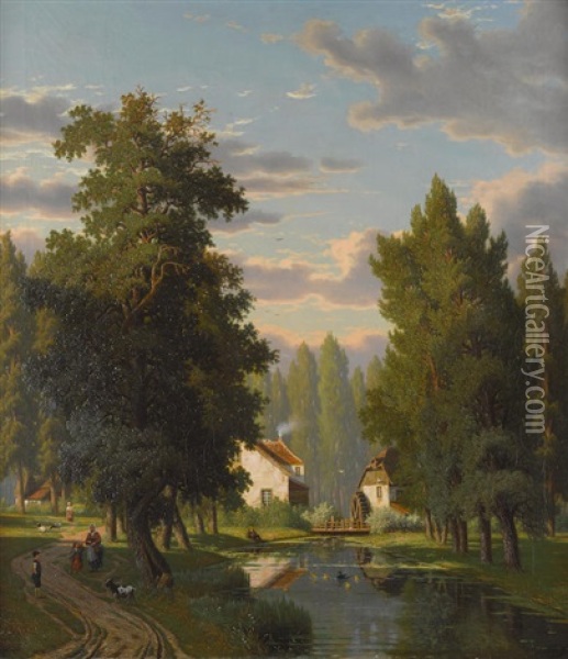 A Stroll Along The Canal Oil Painting - Eliza Agnetus Emilius Nyhoff