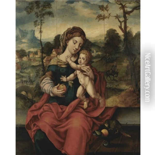 The Virgin And Child In A Landscape (the Rest On The Flight Into Egypt) Oil Painting -  Master of the Parrot