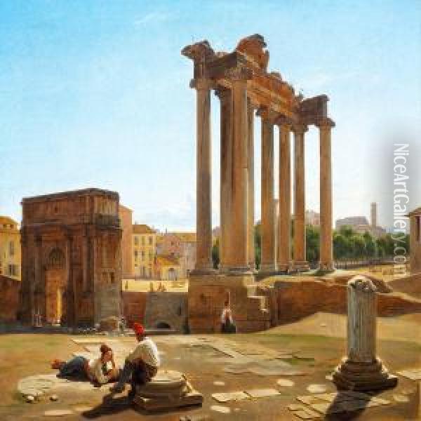View Of The Romanforum With The 
Temple Of Concordia And The Arch Of Septimiusseverus Seen From The Foot 
Of The Capitoline Hill Oil Painting - Constantin Hansen