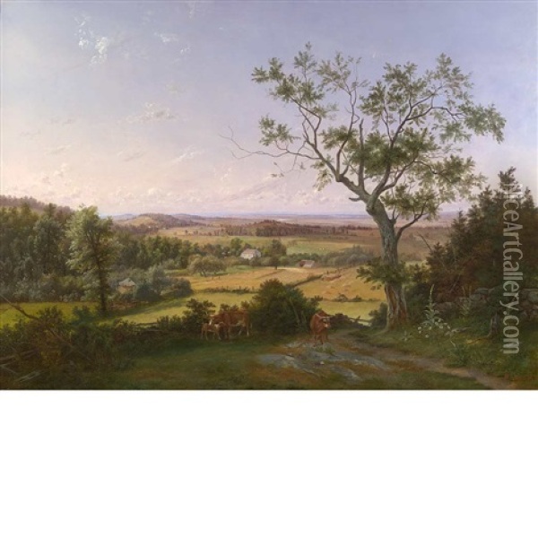 Landscape: Farm In The Genesee Valley, New York Oil Painting - Benedikt Franz Hess