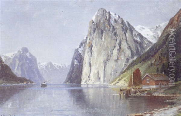 Fjordparti Med Hytte, I Baggrunden Sneklaedte Bjerge Oil Painting - Carl Bergfeld