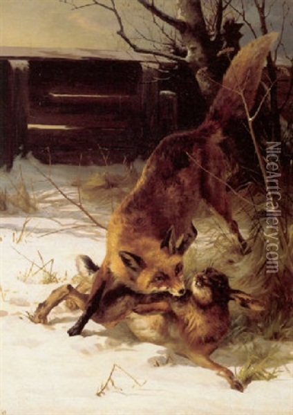 Raev Og Hare I Vinterskoven Oil Painting - Adolf Heinrich Mackeprang