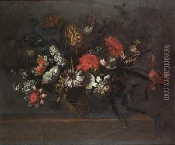 Tulips, Chrysanthemums, Poppies,
 Delphiniums And Other Flowers In A Wicker Basket On A Stone Ledge Oil Painting - Nicolas Baudesson