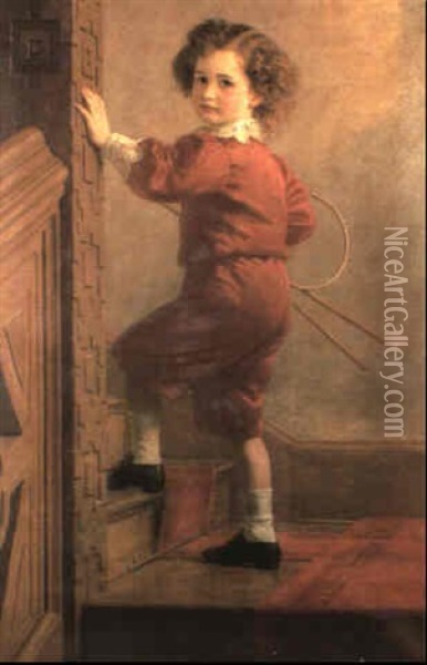 Portrait Of The Hon. Henry Caversham, Full Length Climbing  Stairs, Wearing Red Knickerbockers And Shirt With Lace Oil Painting - John Collingham Moore