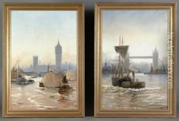 One Depicting A Paddle-steamtug Towing Oil Painting - Edwin Fletcher