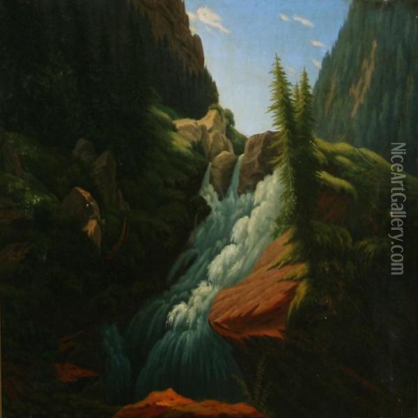 Fertile Norwegian Landscape With A Waterfall Oil Painting - Carl Anton Saabye