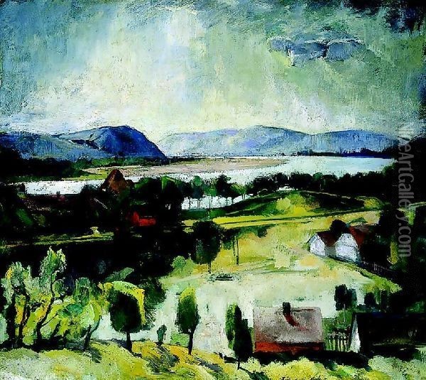 Houses along the Danube (Danube Landscape) 1928 Oil Painting - Istvan Desi-Huber