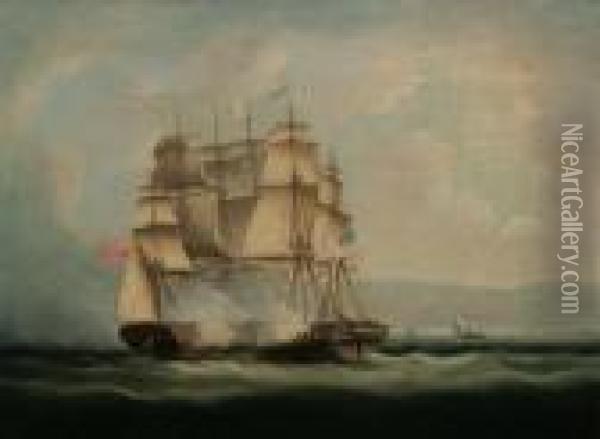 Ship Chesapeake Off Boston Oil Painting - Thomas Buttersworth