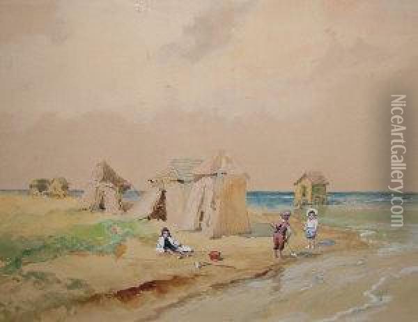 Hungarian -- Children Playing On
 The Beach; Watercolour, Signed, 32x41cm: Together With A Collection Of 
Early 20th Century Chromolithographs After Different Hands Oil Painting - Antal Neogrady
