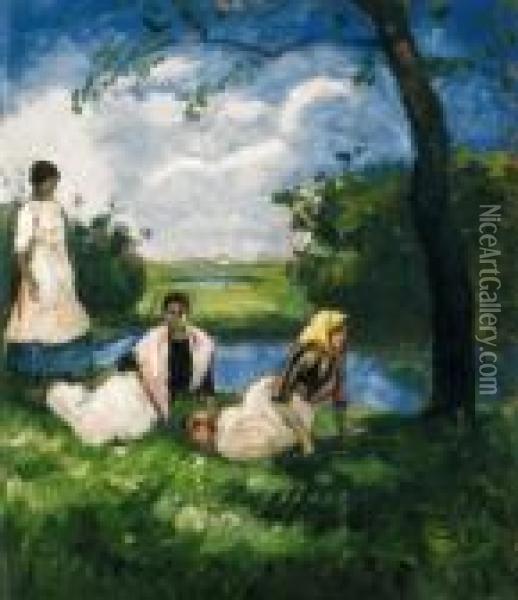 Girls In The Field, Early 1910s Oil Painting - Bela Ivanyi Grunwald