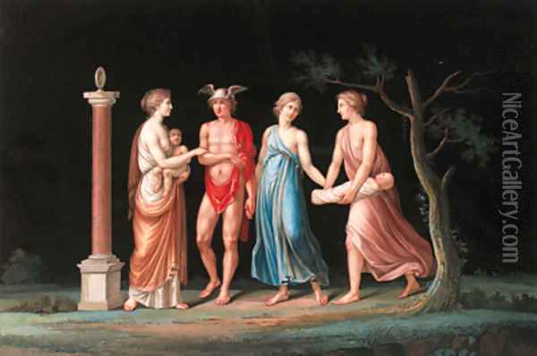 The Nymphs receiving the infant Bacchus from Mercury; and The birth of a child Oil Painting - Michelangelo Maestri