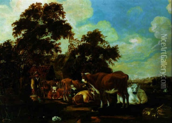 Peasants Milking Cows By A Farmhouse Oil Painting - Govert Dircksz Camphuysen