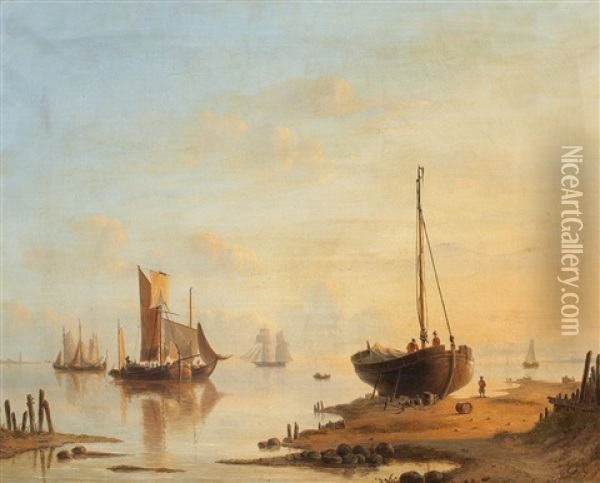 Coastal Landscape With Sailing Ships And Boats Oil Painting - Jacobus Hendricus Johannes Nooteboom