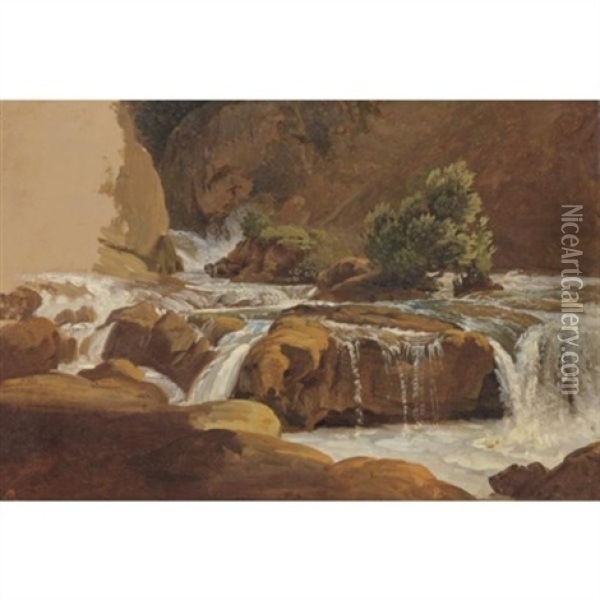 A Waterfall In A Rocky River Valley Oil Painting - Simon-Joseph-Alexandre Clement Denis