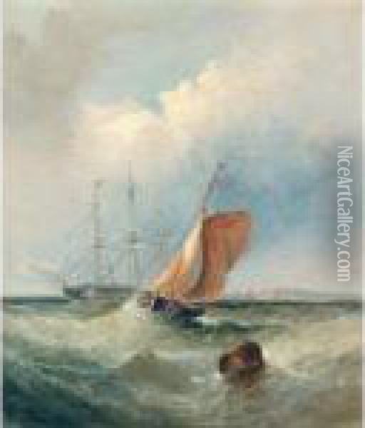 Shipping Rounding The Buoy Off The Coast; And A Pilot Boat Approaching A Vessel Oil Painting - William A. Thornley Or Thornber