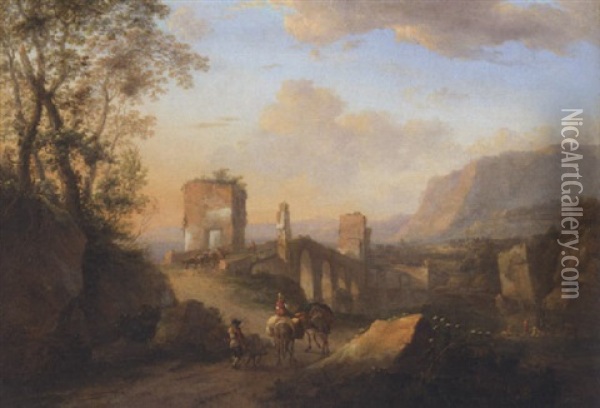 A View Of The Ponte Molle With Drovers And Donkeys On A Road Oil Painting - Jan Asselijn
