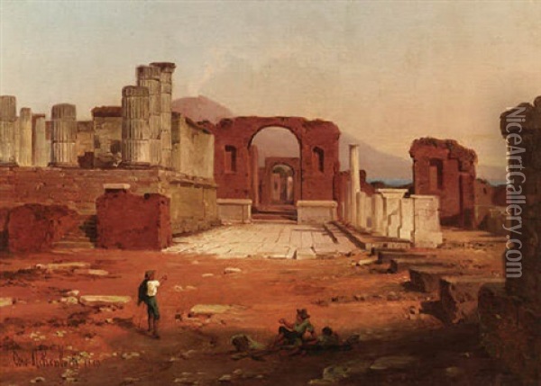 Pompeji - Partie Des Forums Mit Dem Vesuv Im Hintergrund Oil Painting - Oswald Achenbach