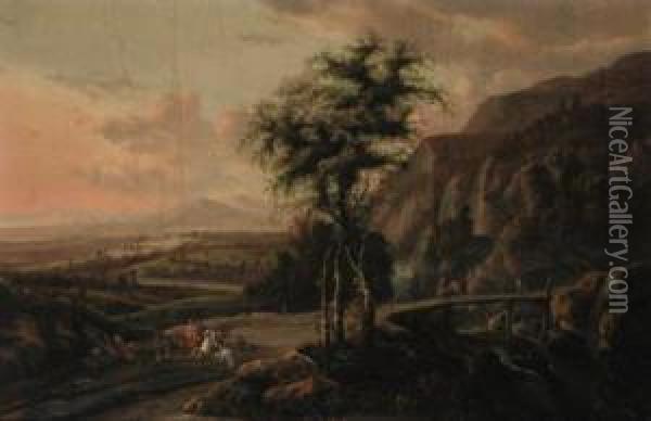 An Extensive Mountain Landscape, With A Hawking Party On A Road Bya Bridge Oil Painting - Jan Gabrielsz. Sonje