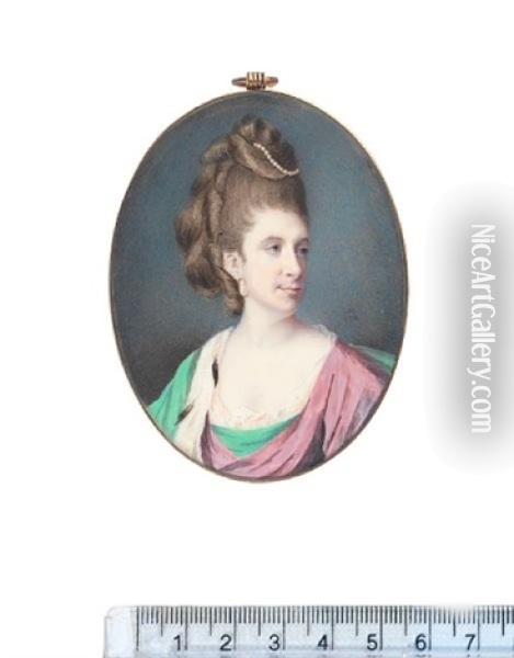 Julia Cox Of The Shergold Family, Wearing Green And Mauve Robe Over White Dress, Green Mantle With Ermine Trim, Pearl Pendent Earring Oil Painting - Samuel Cotes