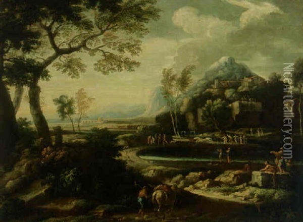 A Classical Landscape With A Traveller And A Pack-horse On A Track, Figures Around A Lake Beyond Oil Painting - Gaspard Dughet