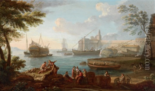 Sudlicher Hafen Mit Schiffen Und Vielen Figuren Oil Painting - Adrien Manglard