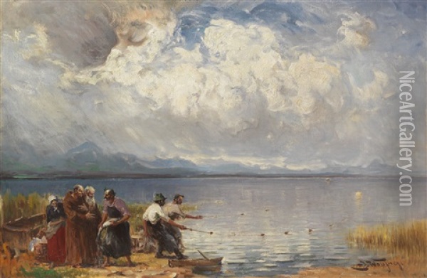 Fischer Und Monche Am Ufer Oil Painting - Joseph Wopfner