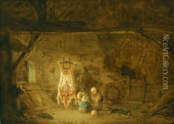 A Barn Interior With Three Children Playing With A Pig's Bladder Oil Painting - Isaack Jansz. van Ostade