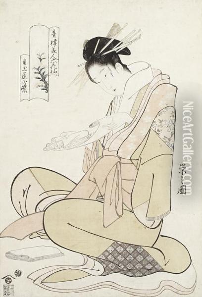 The Courtesan Komurasaki, Kneeling Before A Wad Of Kaishi , Unfurling A Love Letter Oil Painting - Chobunsai Eishi