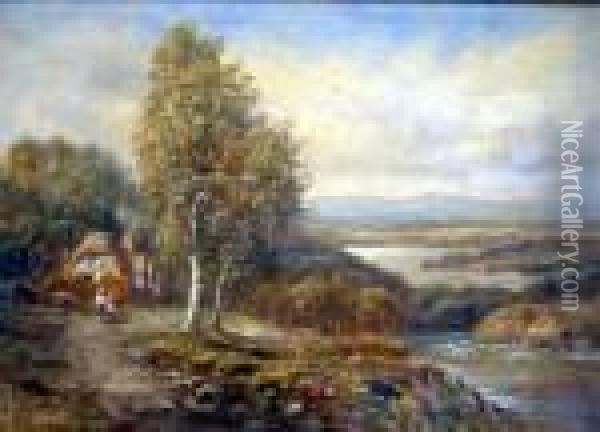 Figures In An Extensive Landscape Monogrammed Oil Painting - Sidney Yates Johnson