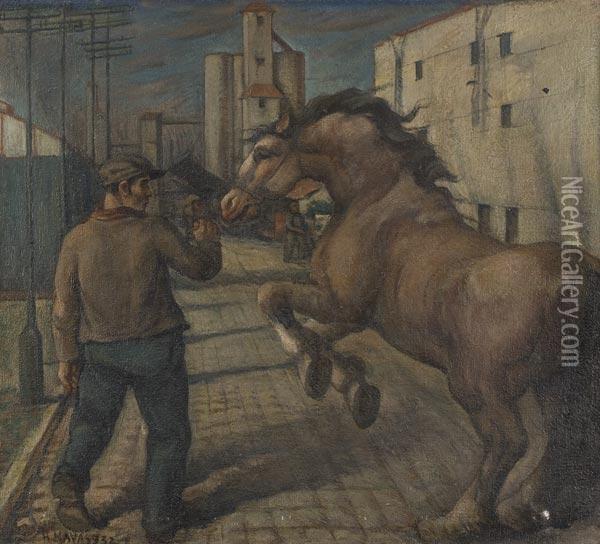 Uomo Con Cavallo Imbizzarrito In Citta Oil Painting - Hector Nava