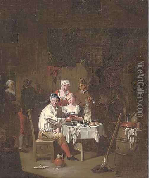 Figures drinking and smoking in an interior Oil Painting - Joseph van Aken