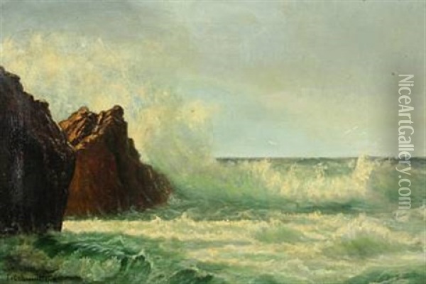 Breaking Waves By Large Rocks Oil Painting - Johannes Herman Brandt
