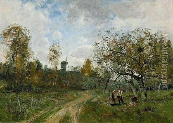 Bauern Bei Der Apfelernte In Hollandischer Landschaft. Oil Painting - Etienne Maxime Vallee