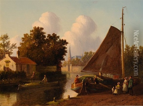 Moored Flat-bottom Boat (+ By The River Bank, Oil On Panel; 2 Works) Oil Painting - Joseph Bles