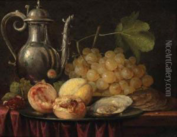 A Silver Ewer, A Bunch Of Grapes
 With Peaches And Oysters On Apewter Plate, On A Partially Draped Table Oil Painting - Abraham Hendrickz Van Beyeren