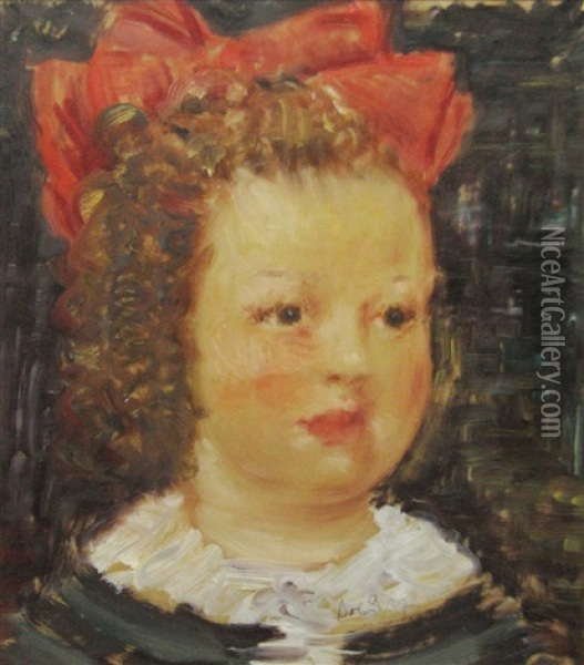 Little Girl With Red Bow Oil Painting - Bob (Gheorghe) Bulgaru