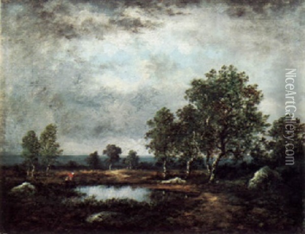 Drawing Water In A Brooding Landscape Oil Painting - Leon Richet