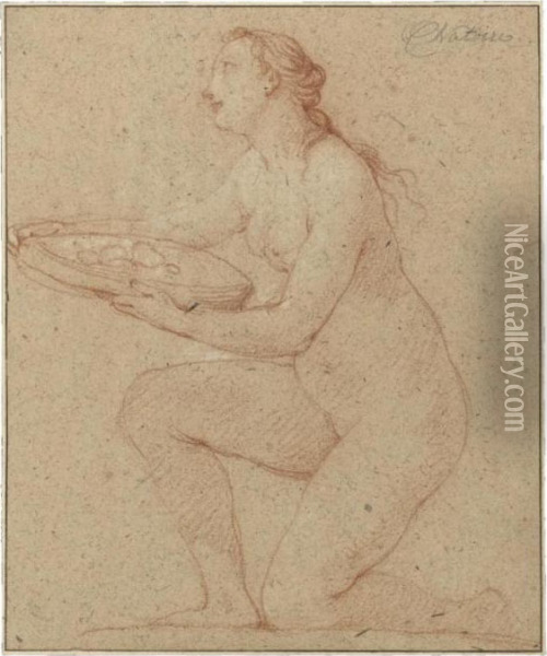 Study Of A Nude Girl Kneeling In Profile To The Left, Offering A Platter Of Fruit Oil Painting - Charles Joseph Natoire