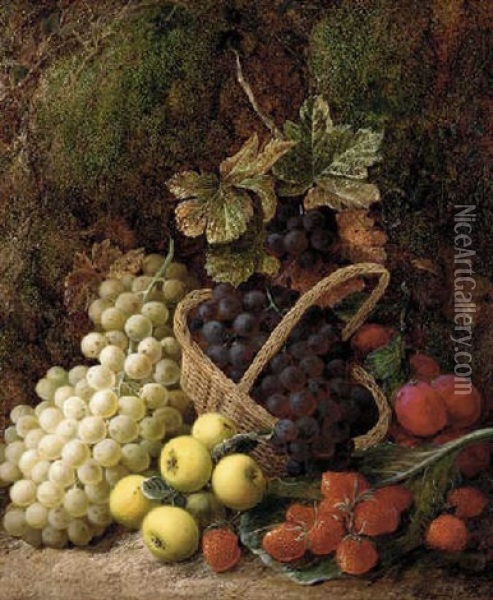 Strawberries, Apples, Plums And Grapes In A Wicker Basket, On A Mossy Bank Oil Painting - George Clare