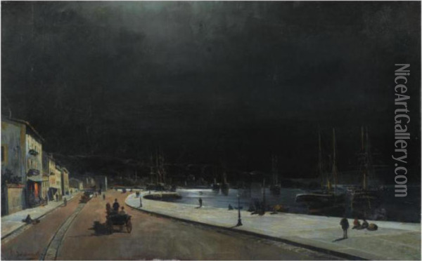 Evening Harbour Oil Painting - Constantinos Volanakis