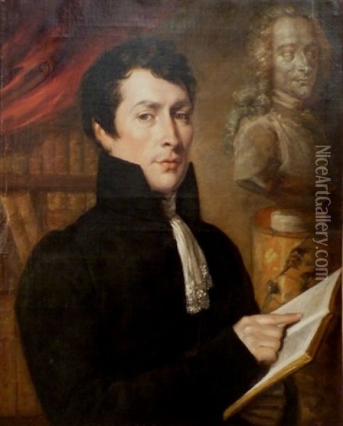 Portrait D'homme De Lettre Dans Sa Bibliotheque Devant Le Buste De Voltaire Oil Painting - Eugene Deveria