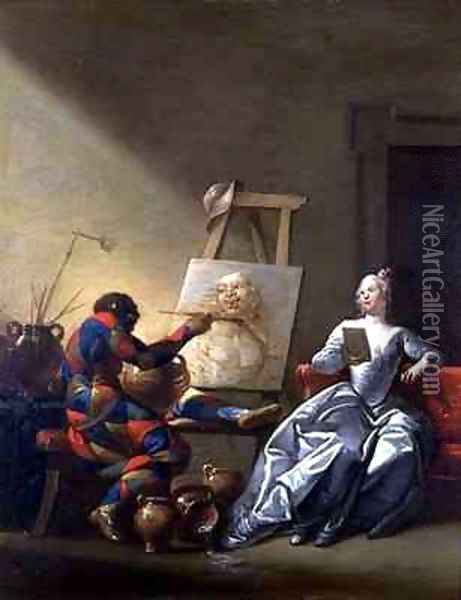 The Harlequin Painter Oil Painting - Giovanni Domenico Ferretti