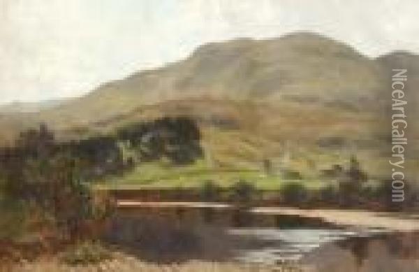 River Landscape With Cottage And Mountains Beyond, Bears Signature Oil Painting - Daniel Sherrin
