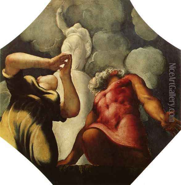 Deucalion and Pyrrha Praying before the Statue of the Goddess Themis Oil Painting - Jacopo Tintoretto (Robusti)