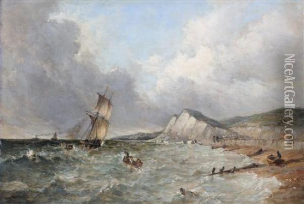 Coastal Scene At Dover With Sailing Ship And Fishing Boats Oil Painting - Alfred Vickers