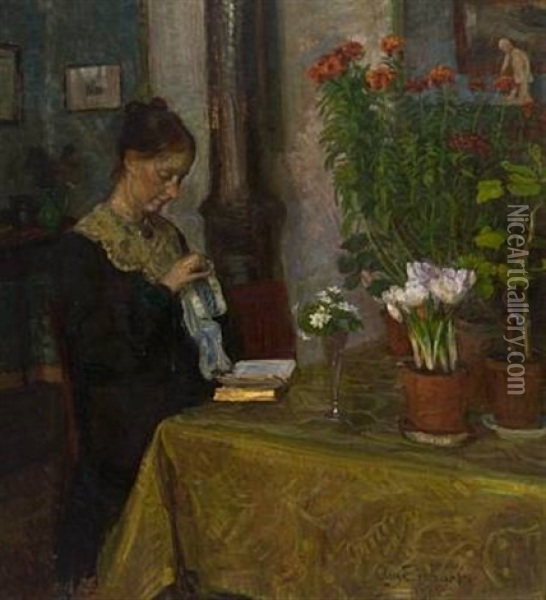 Kvinne Med Handarbeide Oil Painting - August Eiebakke