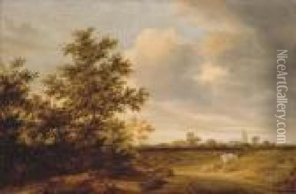 A Wooded Landscape With Cattle, A Church Beyond Oil Painting - Jacob Salomonsz. Ruysdael