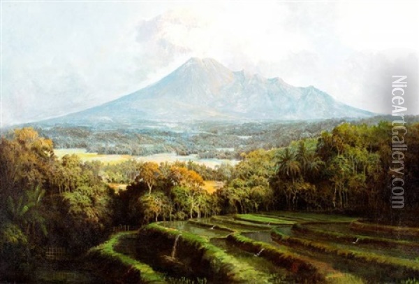 Landschap Met Rijstvelden En Vulkaangebergte Oil Painting - Soerjosoebroto Abdullah