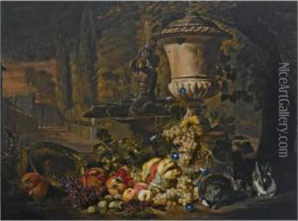 A Still Life Of Fruit, Including
 A Melon, Open Pomegranates And Grapes, An Ornamental Urn And Two 
Rabbits Near A Fountain In A Formal Garden Oil Painting - David de Coninck