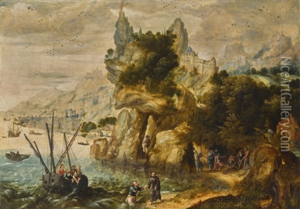Extensive Coastal Landscape With The Calling Of Saint Peter Oil Painting - Herri met de Bles